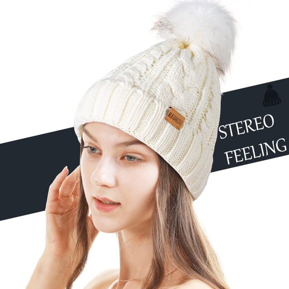Women Winter Pompom Beanie Hat with Warm Fleece Lined, Thick Slouchy Snow Knit S - Picture 2 of 6